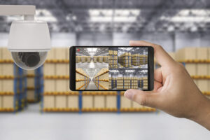 3d rendering mobile connect with security camera in warehouse