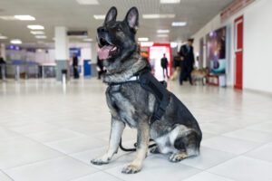 Close up portrait of a dog for detecting drugs at the airport standing near the airport. Horizontal view.