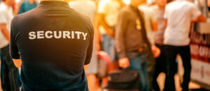 Security guard at live festivale event standing in front of the crowd