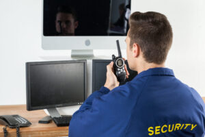 Rear view of security officer talking on walkie-talkie while looking at computer monitors