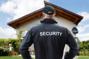 Rear View Of A Male Security Guard Standing Outside The House